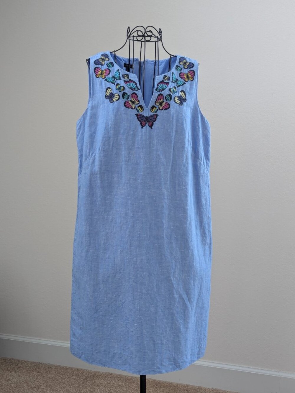Talbots Blue Butterfly Embroidered Linen Cotton Shift Dress Women's 6 Sleeveless